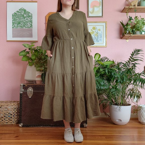 Chelsea and Theodore Moss Green 100% Cotton Double Gauze Midi Dress Size L - Picture 3 of 17